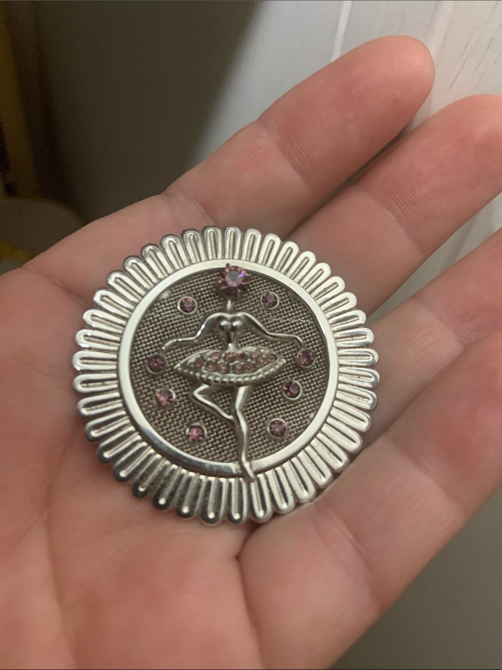 Silver Ballet Dancer Brooch with Pink Crystals